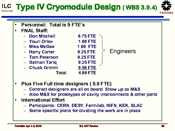 ILC Americas Type IV Cryomodule Design ( WBS 3. 9. 4) • Personnel: Total