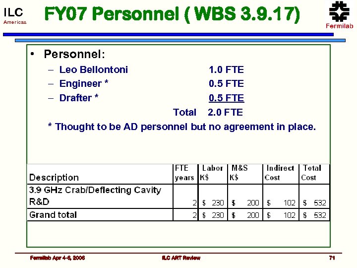 ILC Americas FY 07 Personnel ( WBS 3. 9. 17) • Personnel: – Leo