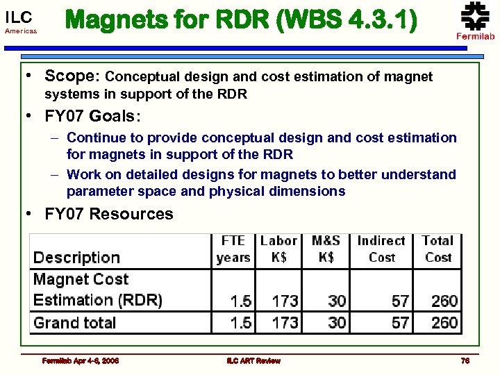 ILC Americas Magnets for RDR (WBS 4. 3. 1) • Scope: Conceptual design and