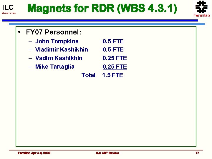 ILC Americas Magnets for RDR (WBS 4. 3. 1) • FY 07 Personnel: –