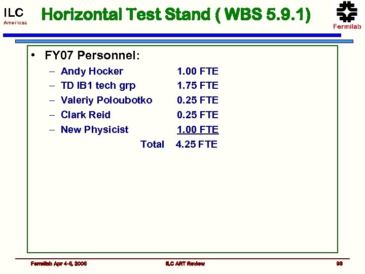 ILC Americas Horizontal Test Stand ( WBS 5. 9. 1) • FY 07 Personnel: