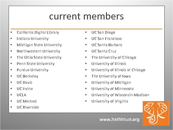 current members • • • • California Digital Library Indiana University Michigan State University