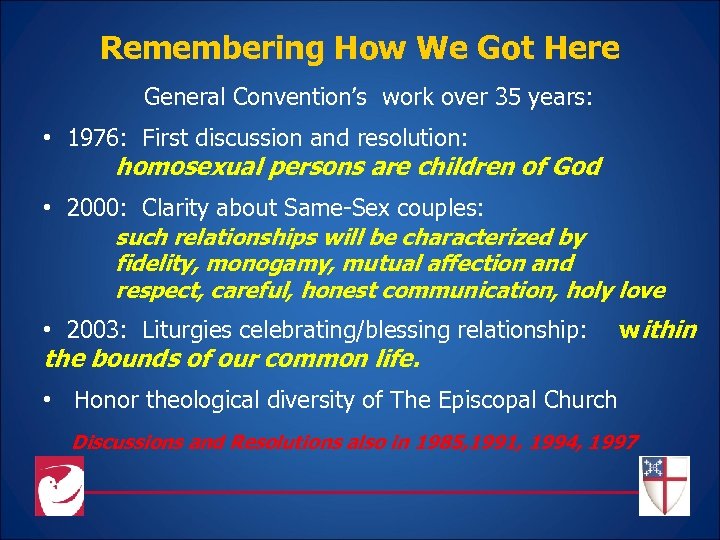 Remembering How We Got Here General Convention’s work over 35 years: • 1976: First
