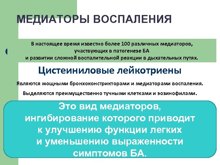 МЕДИАТОРЫ ВОСПАЛЕНИЯ В настоящее время известно более 100 различных медиаторов, участвующих в патогенезе БА