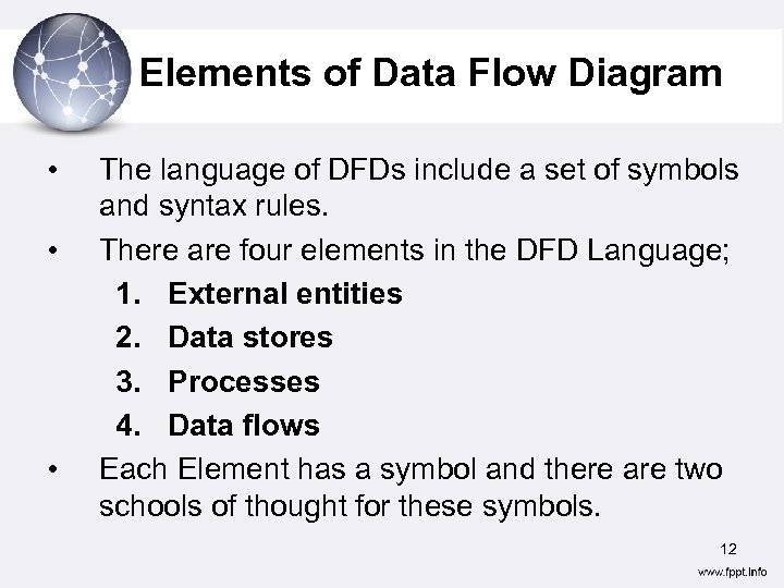 Elements of Data Flow Diagram • • • The language of DFDs include a