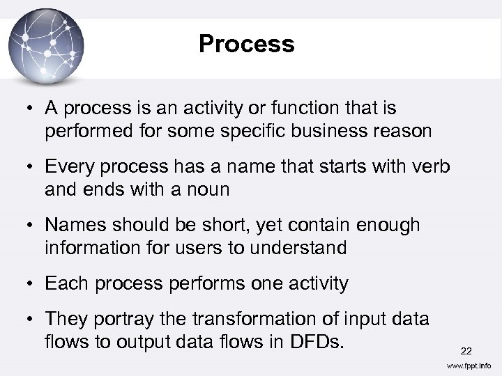 Process • A process is an activity or function that is performed for some