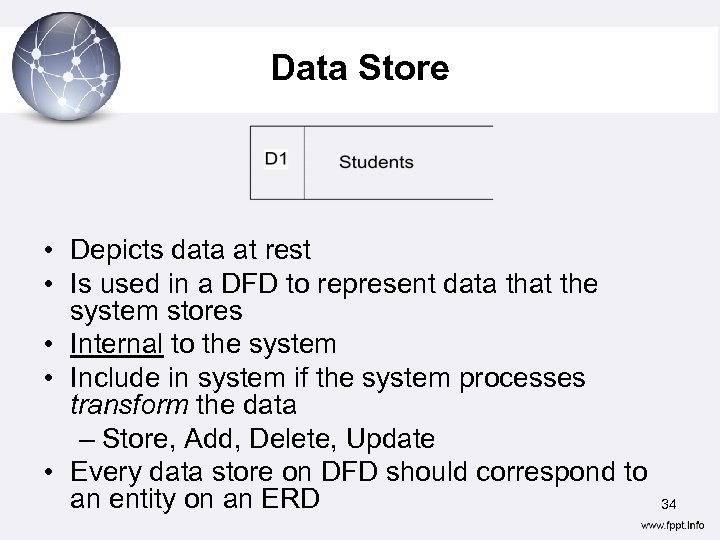 Data Store • Depicts data at rest • Is used in a DFD to
