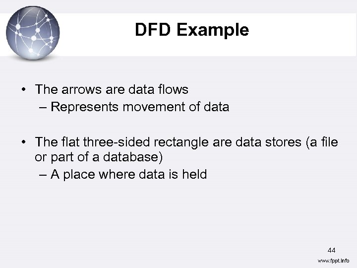 DFD Example • The arrows are data flows – Represents movement of data •