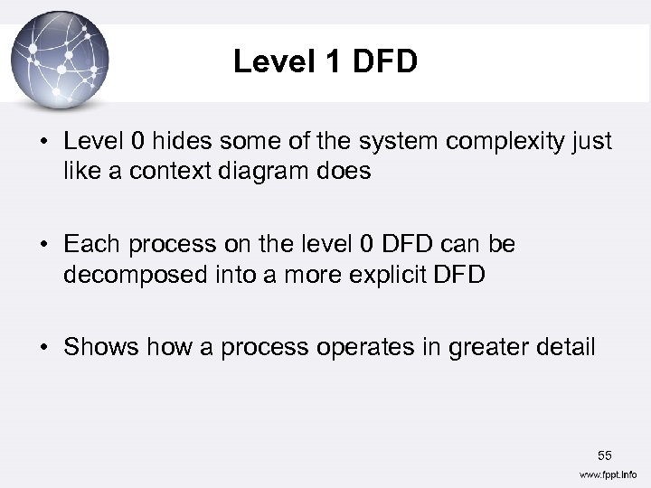 Level 1 DFD • Level 0 hides some of the system complexity just like