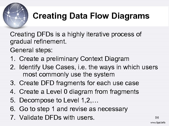 Creating Data Flow Diagrams Creating DFDs is a highly iterative process of gradual refinement.