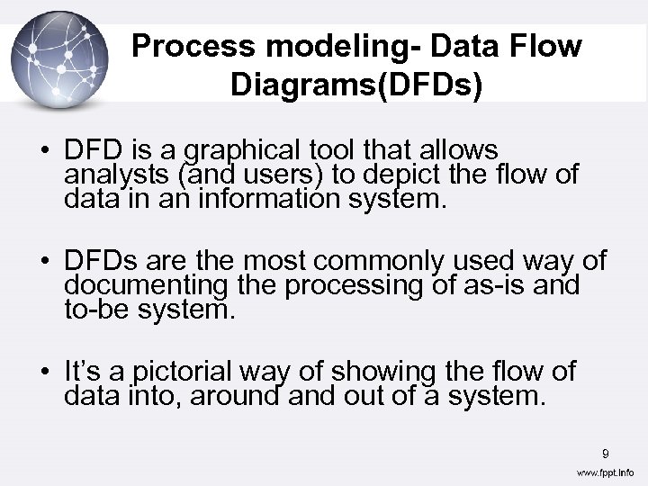 Process modeling- Data Flow Diagrams(DFDs) • DFD is a graphical tool that allows analysts