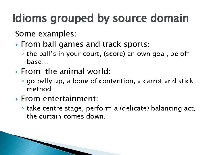 Idioms grouped by source domain Some examples: From ball games and track sports: ◦