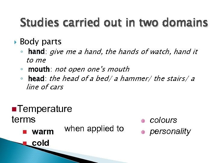 Studies carried out in two domains Body parts ◦ hand: give me a hand,