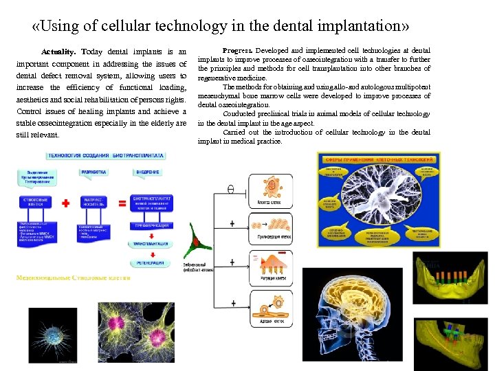  «Using of cellular technology in the dental implantation» Actuality. Today dental implants is
