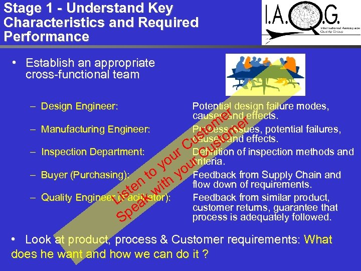 Stage 1 - Understand Key Characteristics and Required Performance • Establish an appropriate cross-functional