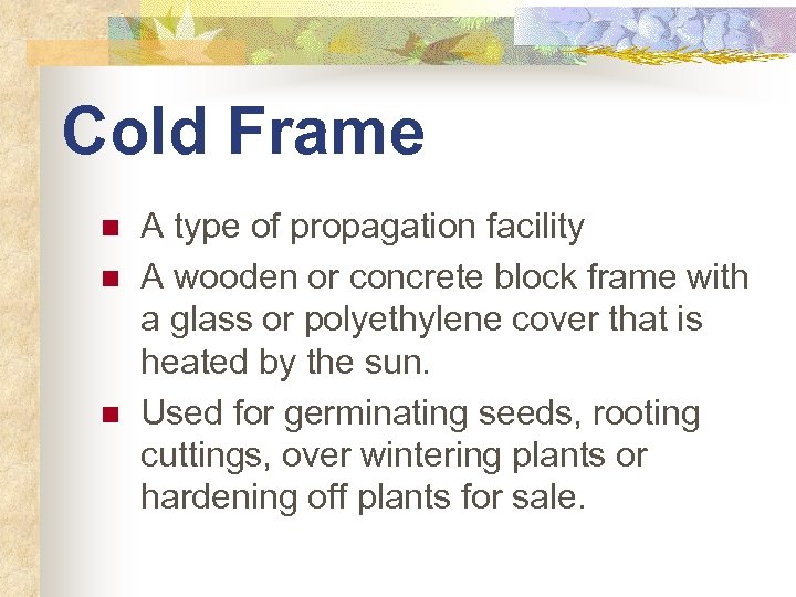 Cold Frame n n n A type of propagation facility A wooden or concrete