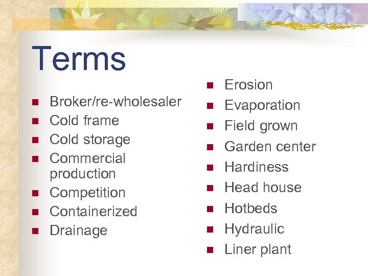 Terms n n n n Broker/re-wholesaler Cold frame Cold storage Commercial production Competition Containerized