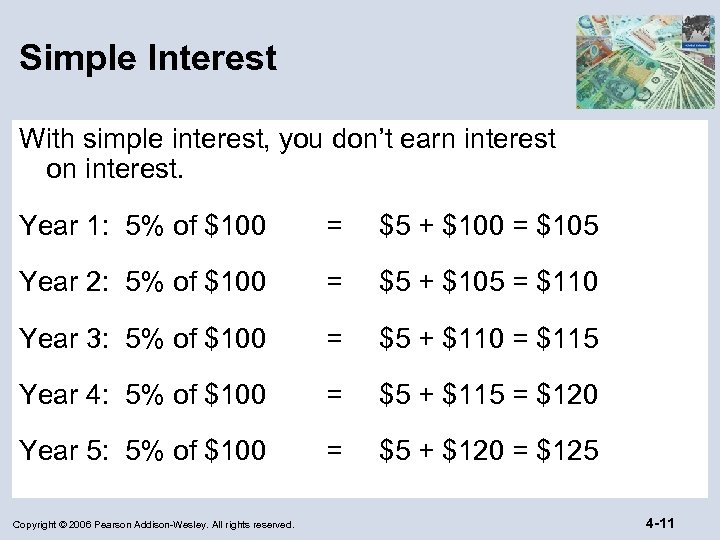 Simple Interest With simple interest, you don’t earn interest on interest. Year 1: 5%