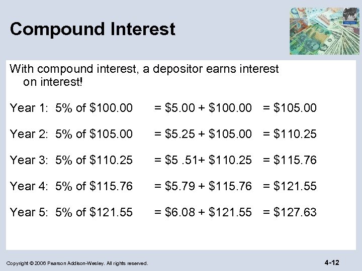 Compound Interest With compound interest, a depositor earns interest on interest! Year 1: 5%