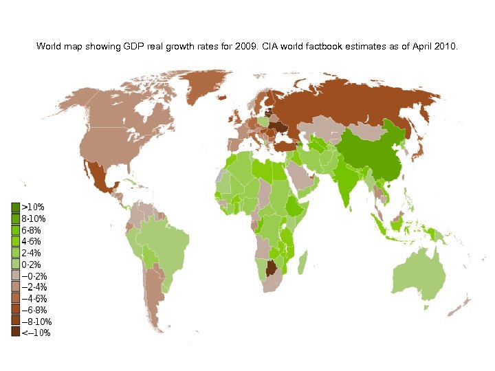 World map showing GDP real growth rates for 2009. CIA world factbook estimates as