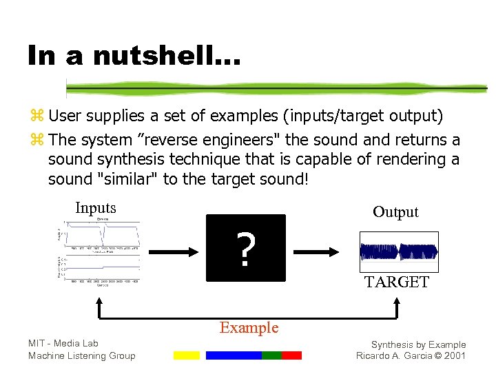 In a nutshell. . . z User supplies a set of examples (inputs/target output)