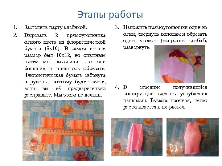 Этапы работы 1. 2. Застелить парту клеёнкой. Вырезать 2 прямоугольника одного цвета из флористической