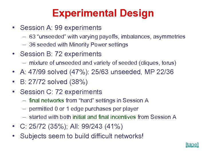 Experimental Design • Session A: 99 experiments – 63 “unseeded” with varying payoffs, imbalances,