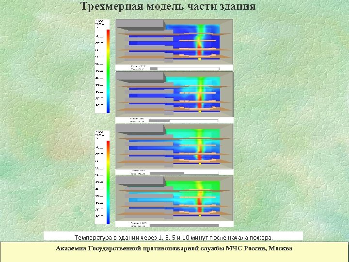 Трехмерная модель части здания Температура в здании через 1, 3, 5 и 10 минут