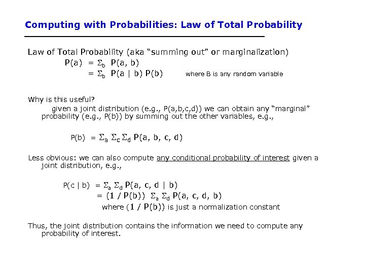 Computing with Probabilities: Law of Total Probability (aka “summing out” or marginalization) P(a) =