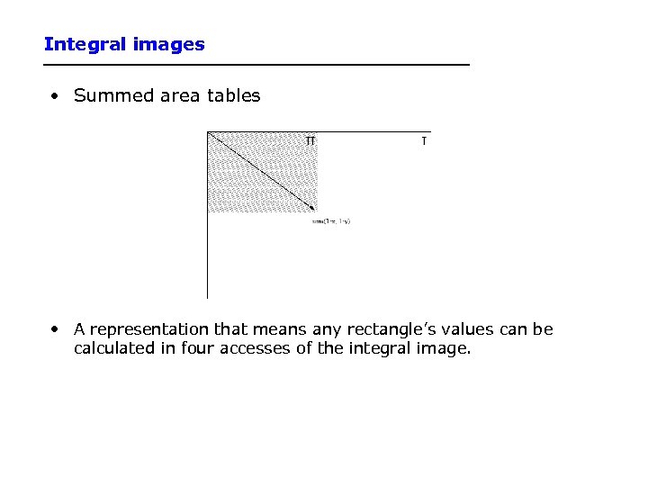 Integral images • Summed area tables • A representation that means any rectangle’s values