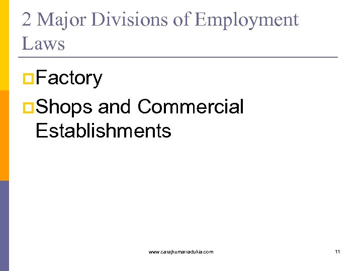 2 Major Divisions of Employment Laws p. Factory p. Shops and Commercial Establishments www.