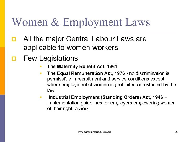 Women & Employment Laws p p All the major Central Labour Laws are applicable