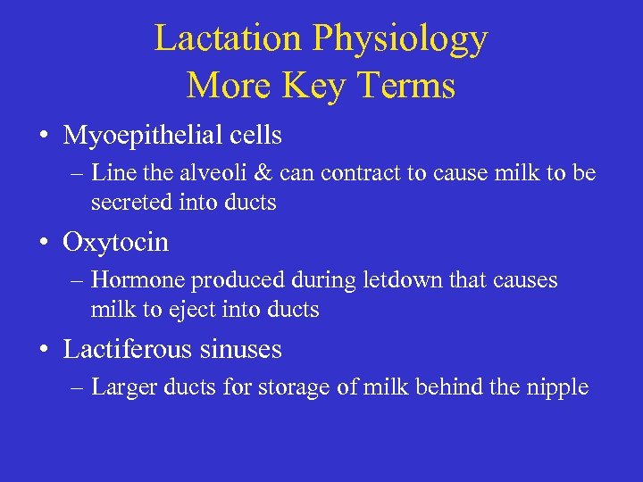 Lactation Physiology More Key Terms • Myoepithelial cells – Line the alveoli & can