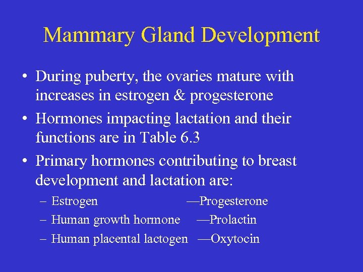 Mammary Gland Development • During puberty, the ovaries mature with increases in estrogen &