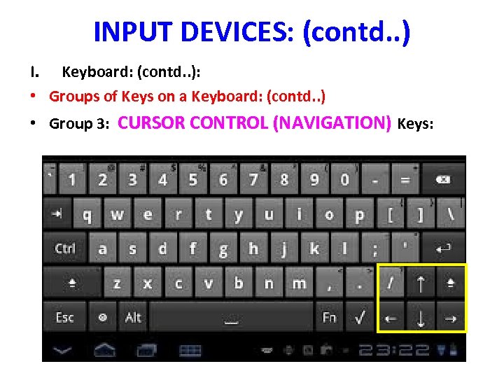 INPUT DEVICES: (contd. . ) I. Keyboard: (contd. . ): • Groups of Keys