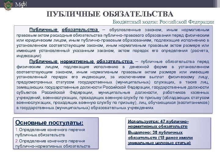 Мф] ПУБЛИЧНЫЕ ОБЯЗАТЕЛЬСТВА Бюджетный кодекс Российской Федерации Публичные обязательства – обусловленные законом, иным нормативным