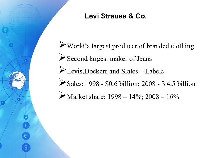 Levi Strauss & Co. ØWorld’s largest producer of branded clothing ØSecond largest maker of