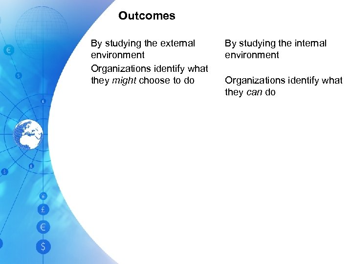 Outcomes By studying the external environment Organizations identify what they might choose to do