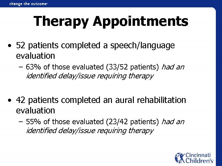Therapy Appointments • 52 patients completed a speech/language evaluation – 63% of those evaluated