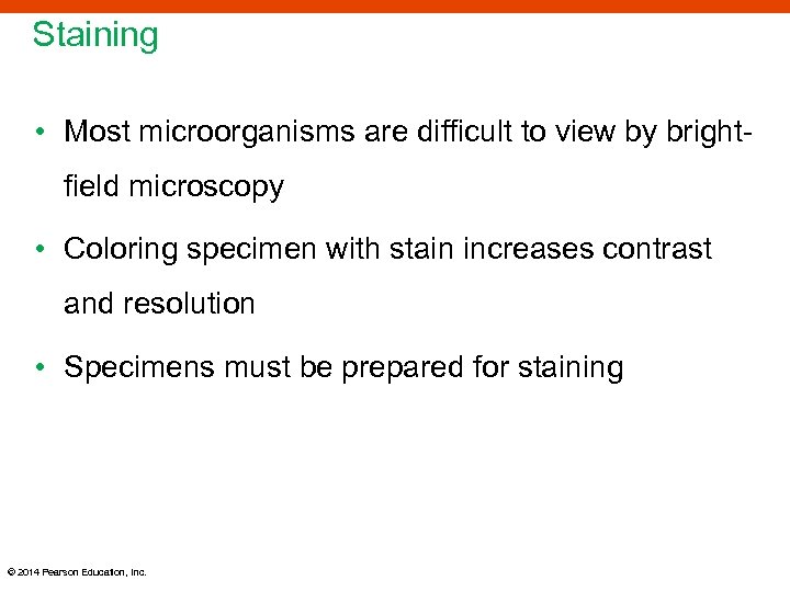 Staining • Most microorganisms are difficult to view by brightfield microscopy • Coloring specimen