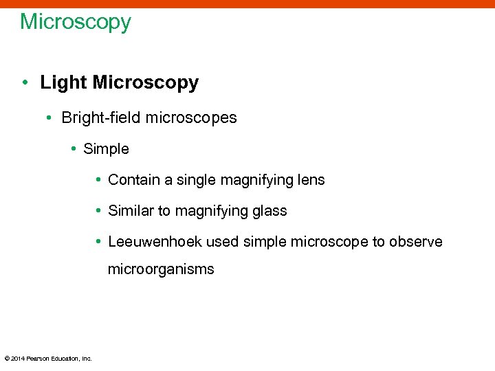 Microscopy • Light Microscopy • Bright-field microscopes • Simple • Contain a single magnifying