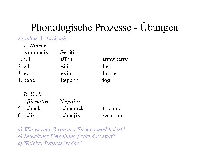 Phonologische Prozesse - Übungen Problem 3: Türkisch A. Nomen Nominativ Genitiv 1. tʃilin 2.
