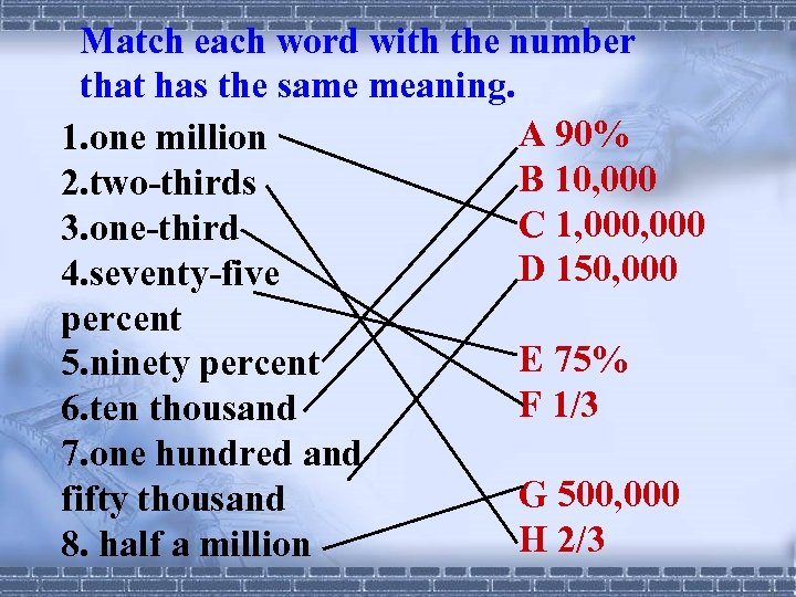 Match each word with the number that has the same meaning. A 90% 1.