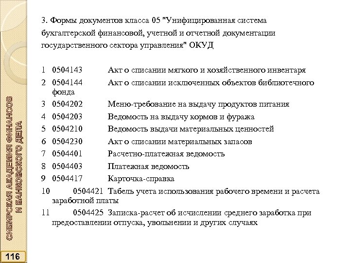 СИБИРСКАЯ АКАДЕМИЯ ФИНАНСОВ И БАНКОВСКОГО ДЕЛА 3. Формы документов класса 05 "Унифицированная система бухгалтерской