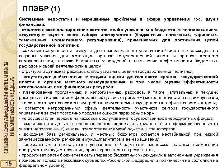 СИБИРСКАЯ АКАДЕМИЯ ФИНАНСОВ И БАНКОВСКОГО ДЕЛА ППЭБР (1) 15 Системные недостатки и нерешенные проблемы