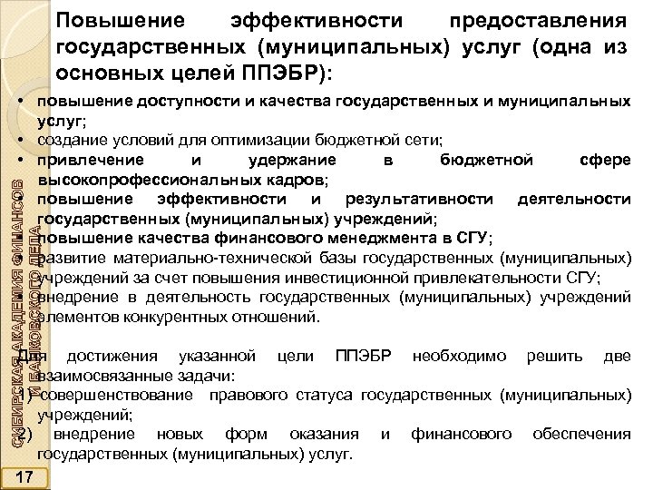 Повышение эффективности предоставления государственных (муниципальных) услуг (одна из основных целей ППЭБР): СИБИРСКАЯ АКАДЕМИЯ ФИНАНСОВ