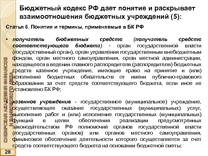 Бюджетный кодекс РФ дает понятие и раскрывает взаимоотношения бюджетных учреждений (5): Статья 6. Понятия