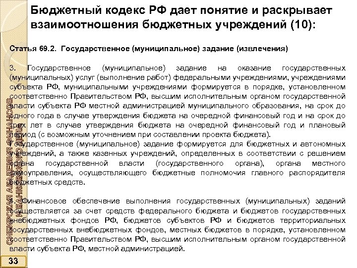 Бюджетный кодекс РФ дает понятие и раскрывает взаимоотношения бюджетных учреждений (10): Статья 69. 2.