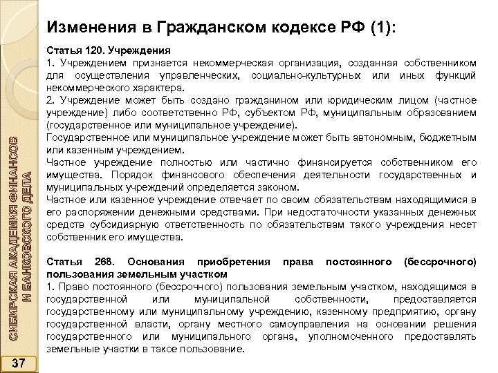 СИБИРСКАЯ АКАДЕМИЯ ФИНАНСОВ И БАНКОВСКОГО ДЕЛА Изменения в Гражданском кодексе РФ (1): 37 Статья