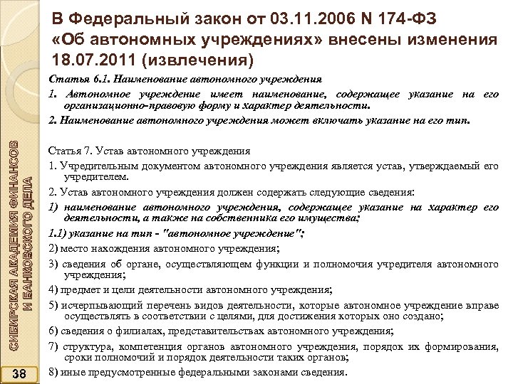 В Федеральный закон от 03. 11. 2006 N 174 -ФЗ «Об автономных учреждениях» внесены